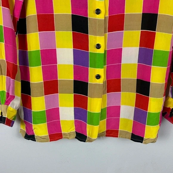 Suitsme Vibrant Retro Style Relaxed Fit Silk Multicolor Checkered Small Blouse - Picture 8 of 11